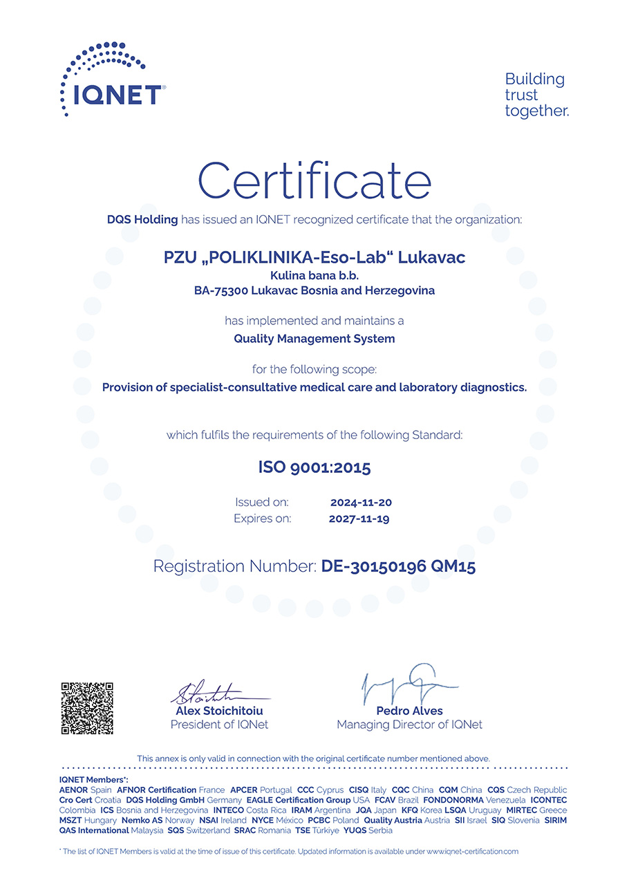 Poliklinika EsoLab Lukavac - ISO 9001:2015