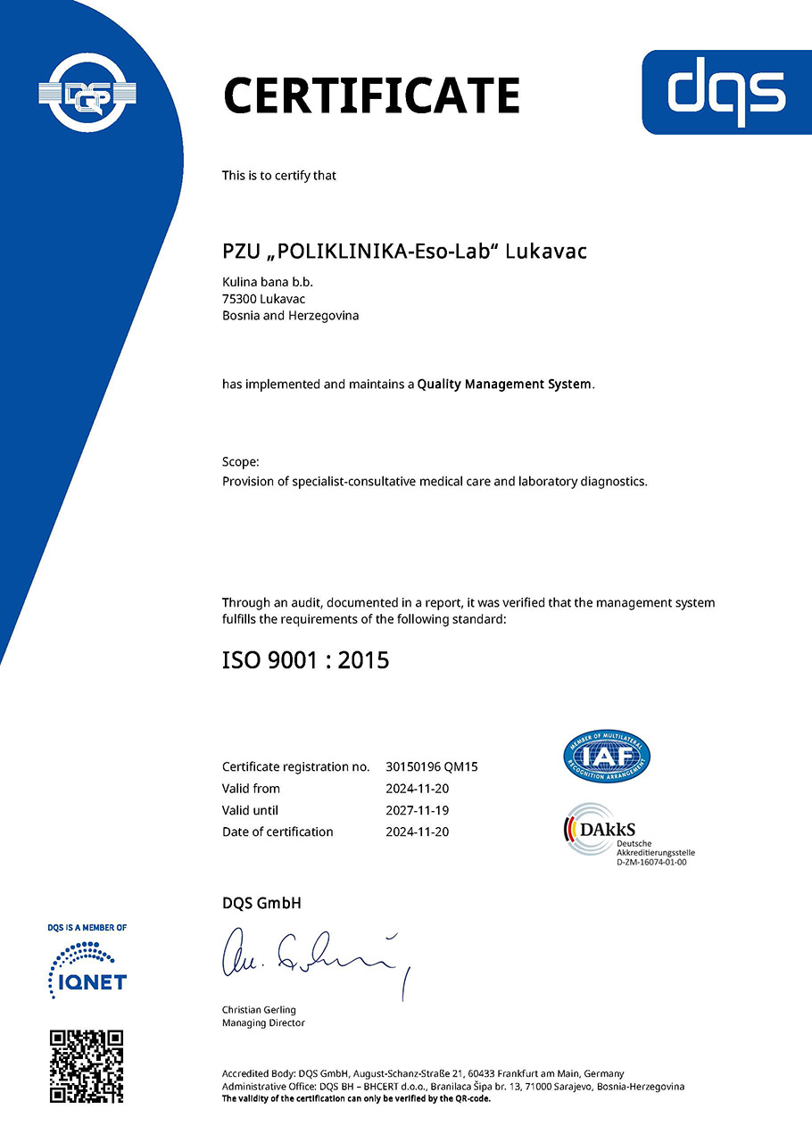 Poliklinika EsoLab Lukavac - ISO 9001:2015
